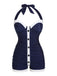 Marineblau 1950er Falten Halter Badeanzug