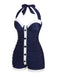Marineblau 1950er Falten Halter Badeanzug
