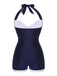 Marineblau 1950er Falten Halter Badeanzug