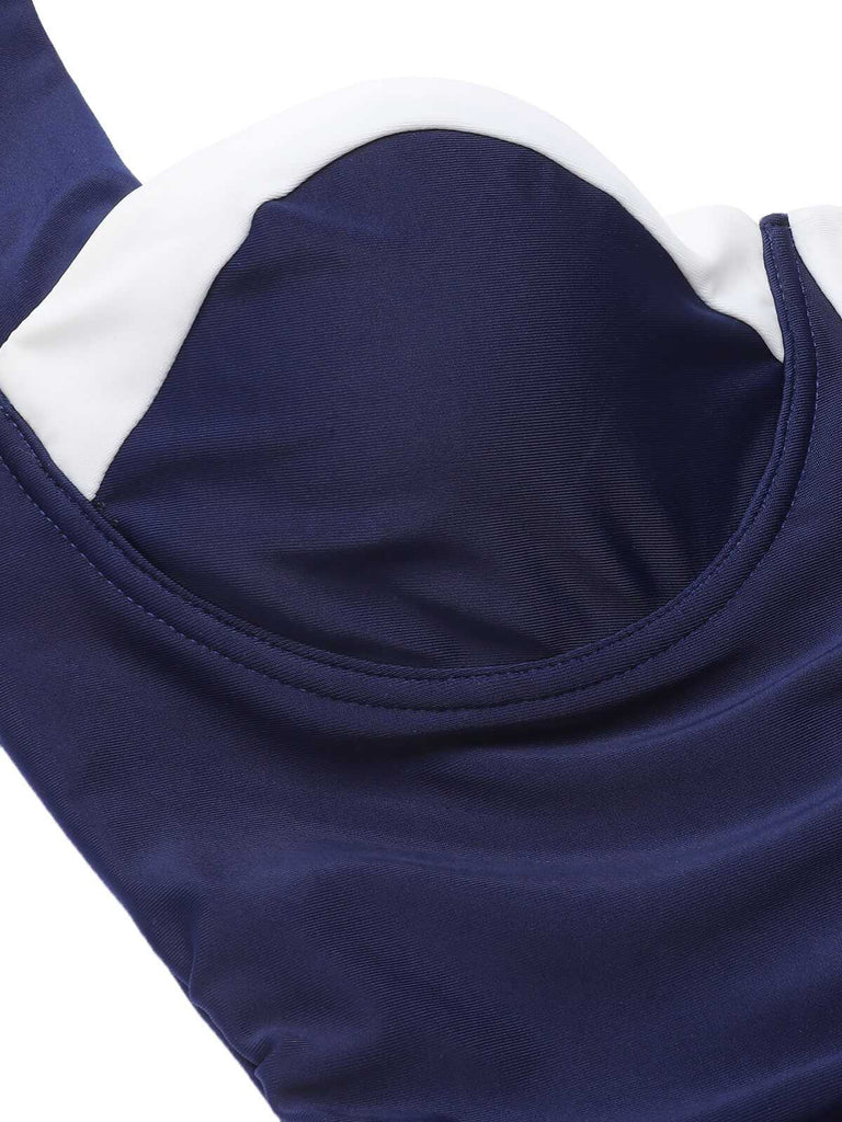 Marineblau 1950er Falten Halter Badeanzug