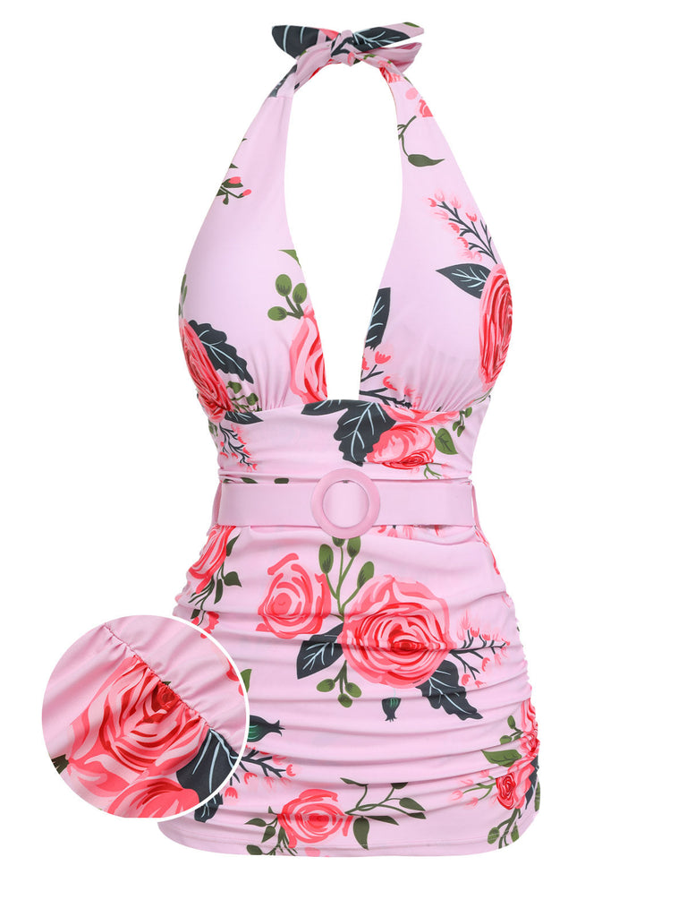 Rosa 1930er Rosen Halter Gürtel Badeanzug
