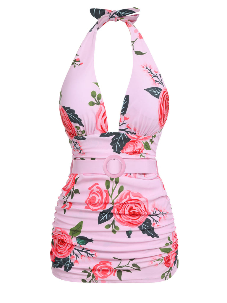 Rosa 1930er Rosen Halter Gürtel Badeanzug