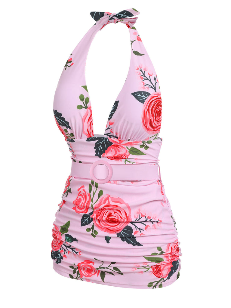 Rosa 1930er Rosen Halter Gürtel Badeanzug