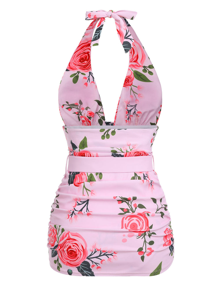 Rosa 1930er Rosen Halter Gürtel Badeanzug