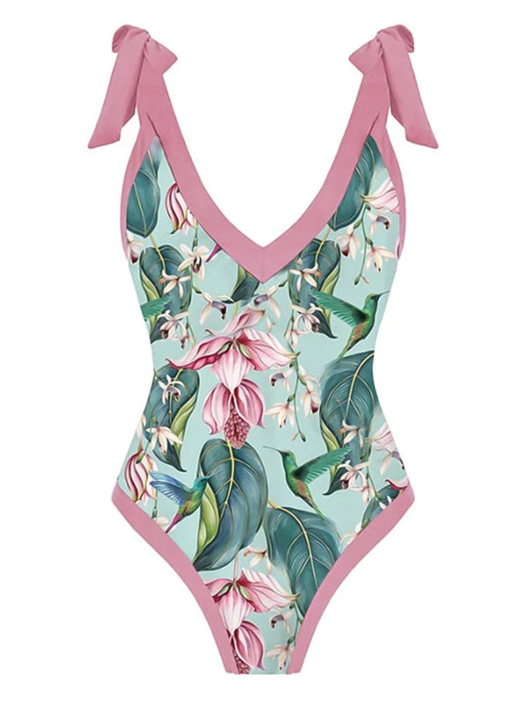 1950er V-Ausschnitt Blumen Schnürung Badeanzug