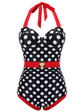 Schwarzer & roter 1950er Dots Halter Badeanzug
