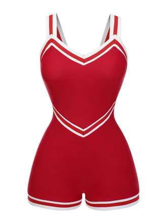 Rot 1940er Solid Patchwork V-Ausschnitt Badeanzug