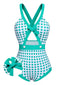 Grüner 1940er Polka Dot Bowknot Einteiliger Badeanzug