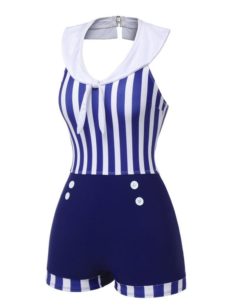 Marineblau 1950er Kragen Gestreifter Navy Badeanzug