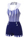 Marineblau 1950er Kragen Gestreifter Navy Badeanzug
