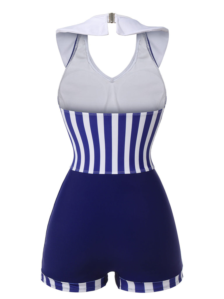 Marineblau 1950er Kragen Gestreifter Navy Badeanzug