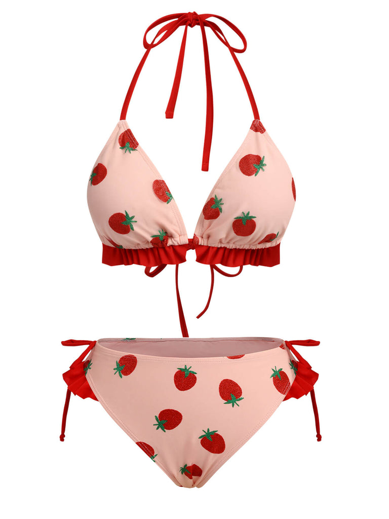 Rosa 1950er Strawberry Schnürung Halter Badeanzug