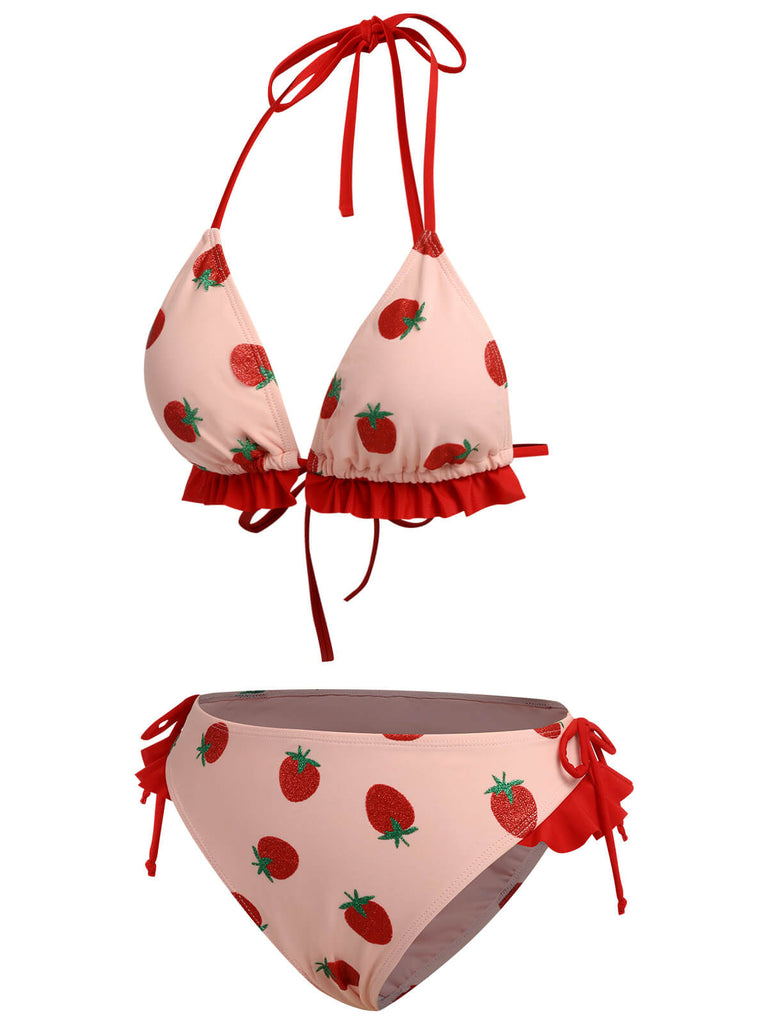 Rosa 1950er Strawberry Schnürung Halter Badeanzug