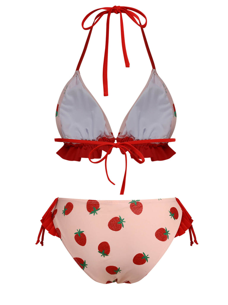 Rosa 1950er Strawberry Schnürung Halter Badeanzug