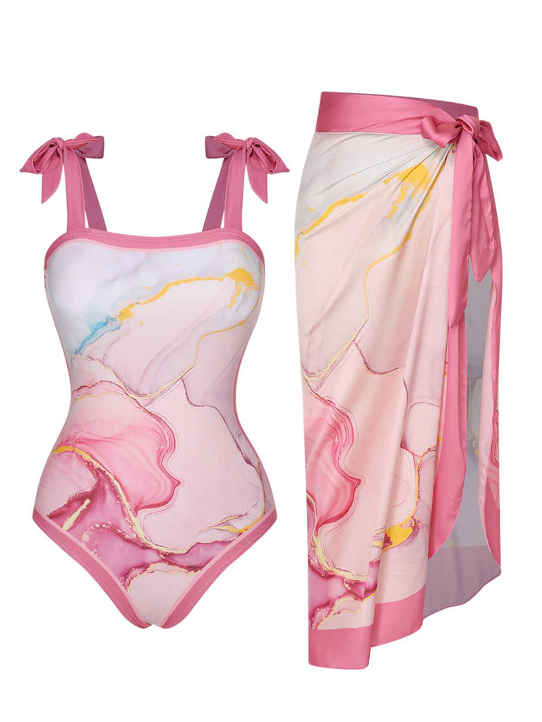 2PCS 1950er Rosa Print Badeanzug & Cover-Up