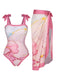 2PCS 1950er Rosa Print Badeanzug & Cover-Up