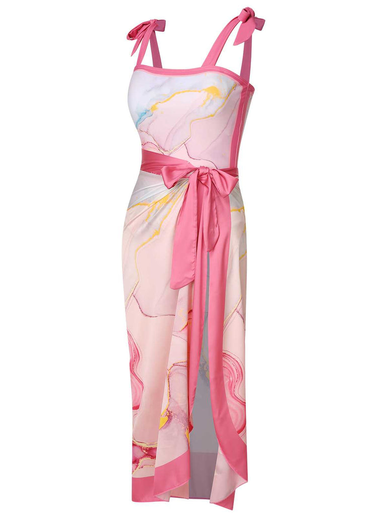 2PCS 1950er Rosa Print Badeanzug & Cover-Up