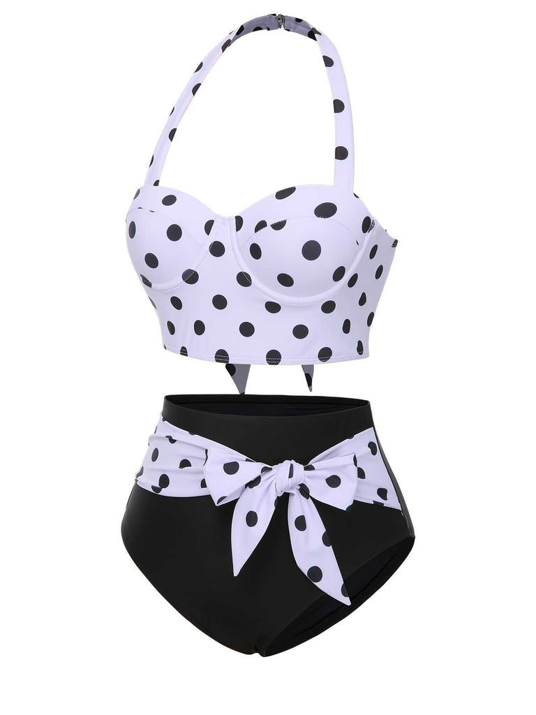 1950er Halter Kontrast Polka Dots Badeanzug