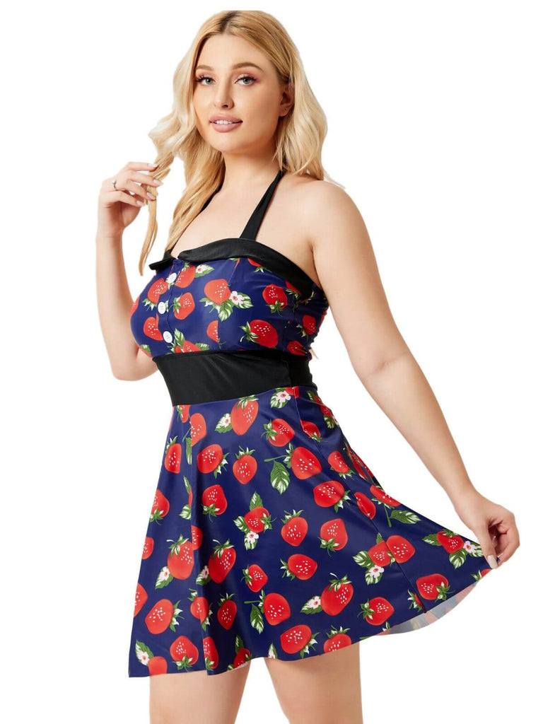 [Übergröße] Multicolor 1930er Farbblockierte Erdbeere Halter Badeanzug