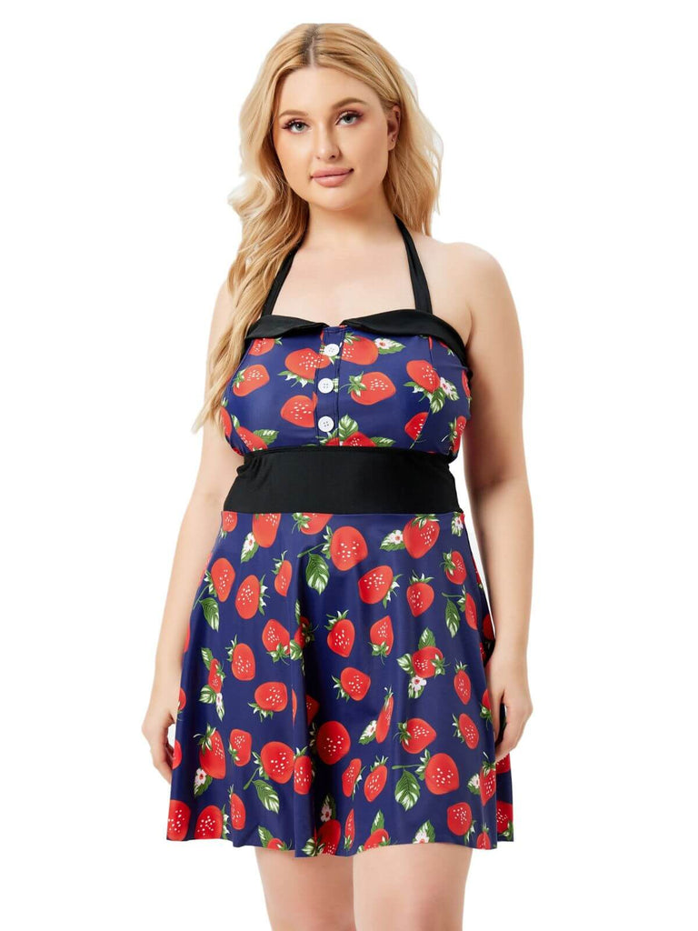 [Übergröße] Multicolor 1930er Farbblockierte Erdbeere Halter Badeanzug