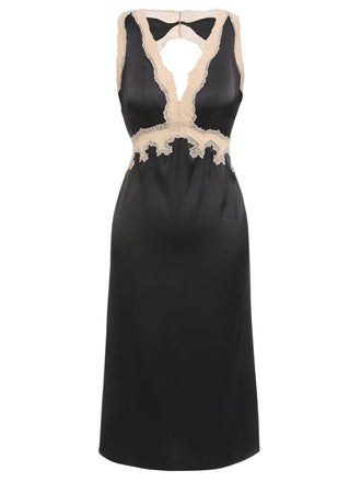 [Vorverkauf] Schwarz 1950er Spitze Rückenfrei V-Ausschnitt Satin Nachtwäsche