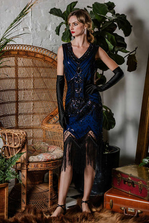 BLAU 1920ER PERLEN PAILLETTEN FRANSEN FLAPPER KLEID