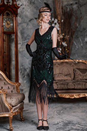 DUNKELGRÜN 1920ER VINTAGE PAILLETTEN FRANSE FLAPPER KLEID