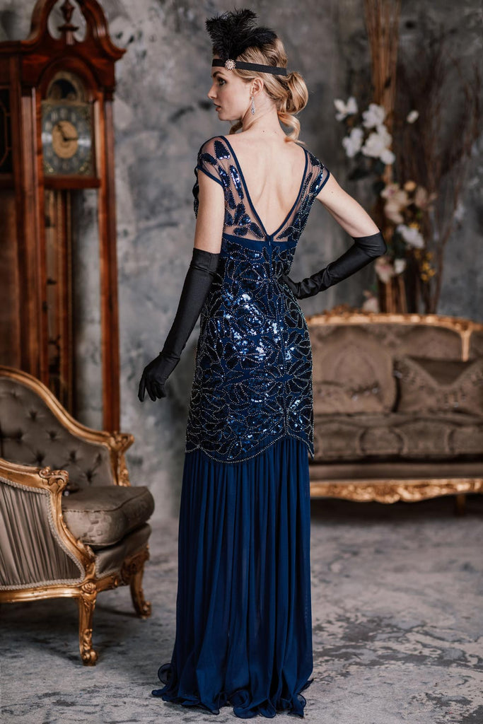 BLAU 1920ER PAILLETTEN  MAXI FLAPPER KLEID