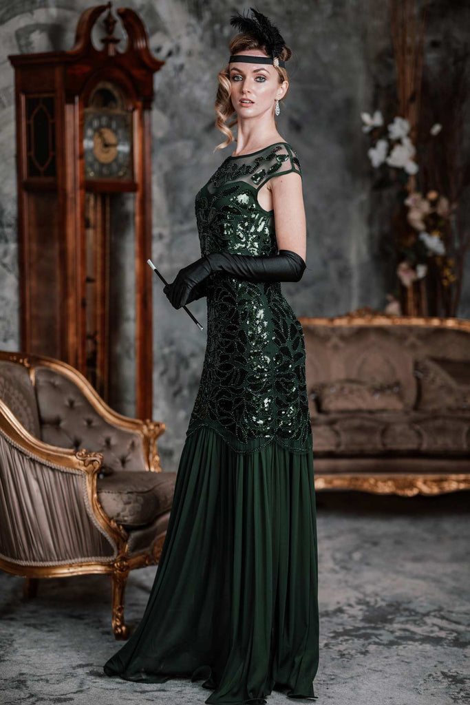 GRÜN 1920ER  MAXI FLAPPER KLEID MIT PAILLETTEN