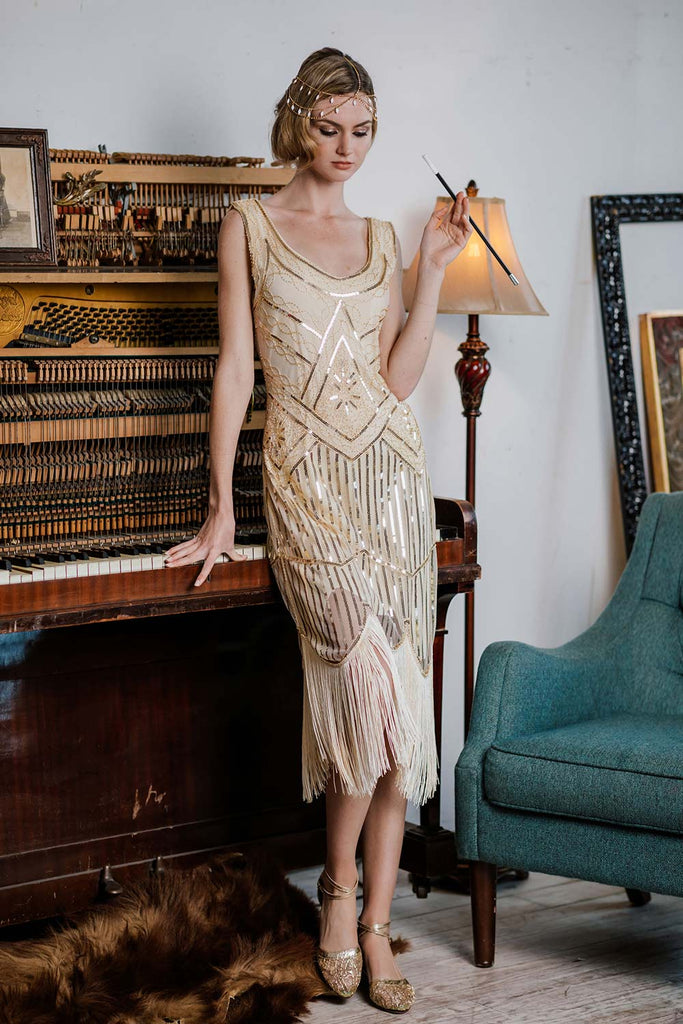 APRIKOSE 1920ER PAILLETTEN FRANSEN FLAPPER KLEID MIT PERLEN