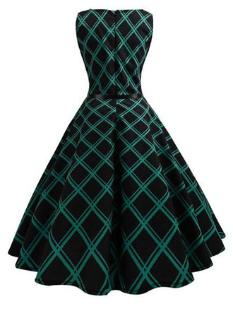 Schwarz & Grün 1950er Plaid Gürtel Swing Kleid
