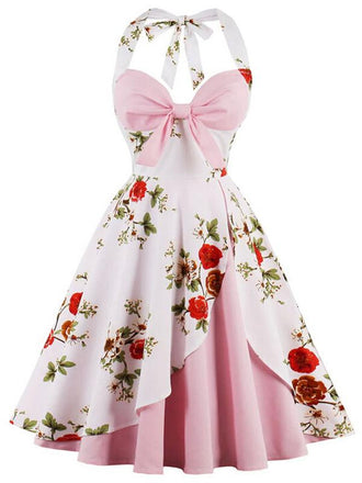 [Vorverkauf] Rosa 1950er Halter Blumen Swing Kleid