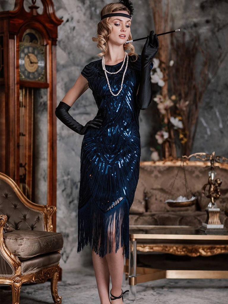 DUNKEL BLAU 1920ER FRANSEN GATSBY FLAPPER KLEID