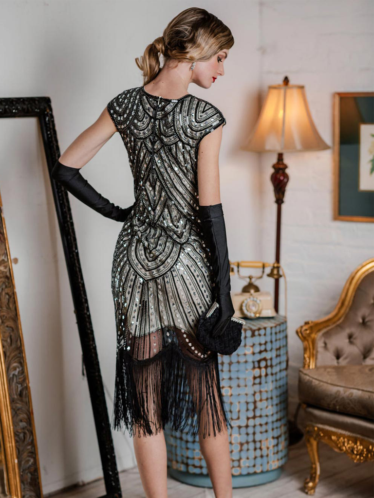 HELLGRAU 1920ER PAILLETTEN FRANSEN FLAPPER KLEID