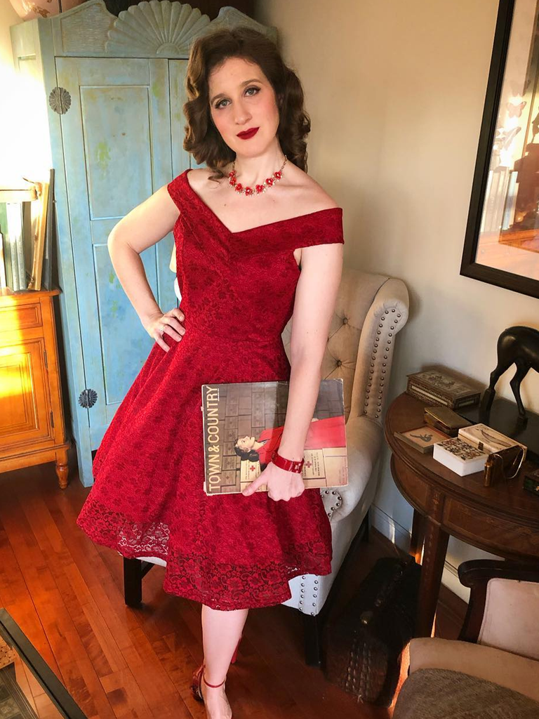 WEINROT 1950ER SCHULTERFREI BLUMEN SPITZE SWING KLEID